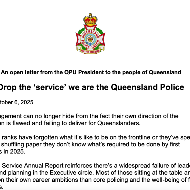 An open letter from the QPU President to the people of Queensland